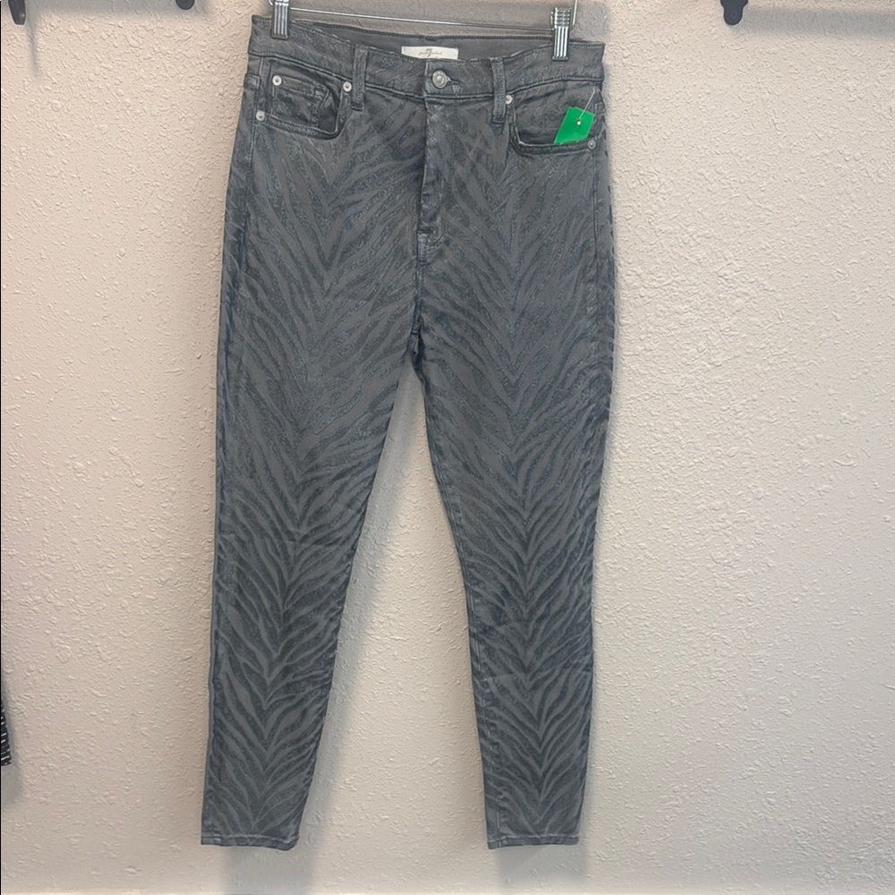 7 For All Mankind Metallic Zebra Skinny Jeans Gray Silver Foil Size 28
